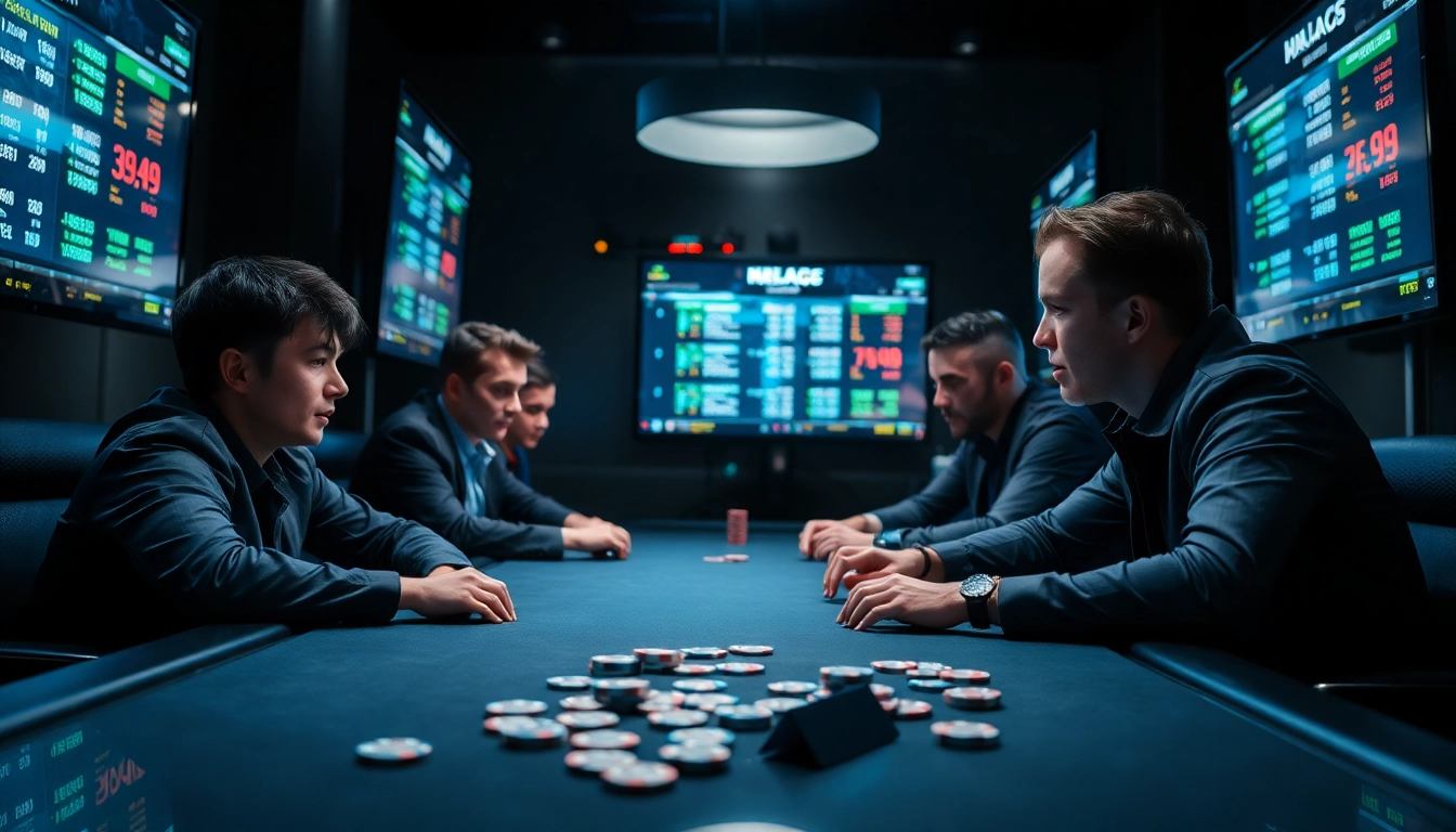 Jouez au poker en ligne dans une ambiance moderne et intense avec des joueurs concentrés.