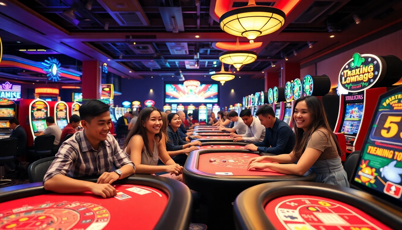 Joueurs dans un casino sans kyc, profitant d'une ambiance dynamique et colorée au milieu des tables de jeu. related image