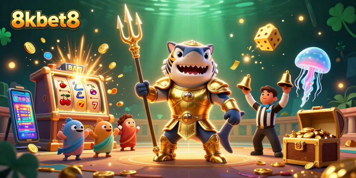 Experience the thrill of winning at 8kbet8 with a dazzling underwater casino scene featuring lively characters.