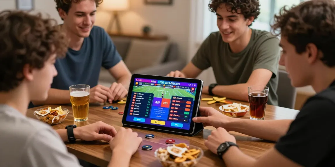 A lively gathering at KO66.world where friends enjoy placing bets on sports events together, showcasing the excitement of online gambling.