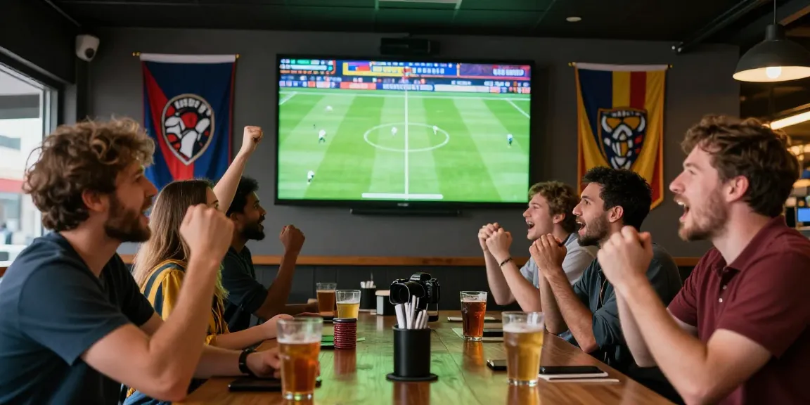 Ambiance d'un bookmaker sans limite de mise avec des parieurs rassemblés devant un match de football, boissons et décor sportif, atmosphère festive.