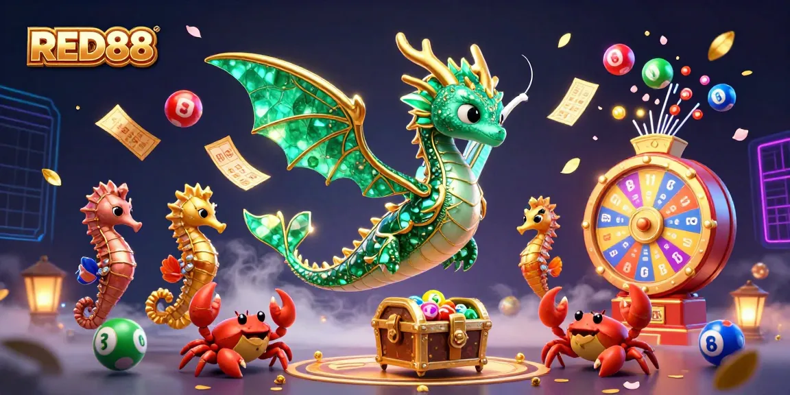 Engage with RED88 as colorful lottery balls and treasures surround a vibrant sea dragon.