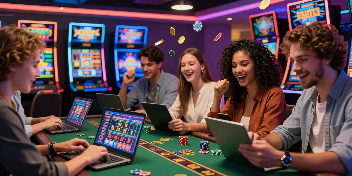 Scène de casino en ligne captivante où des joueurs s'amusent à divers jeux en argent réel avec des appareils modernes, capturant l'excitation du jeu.