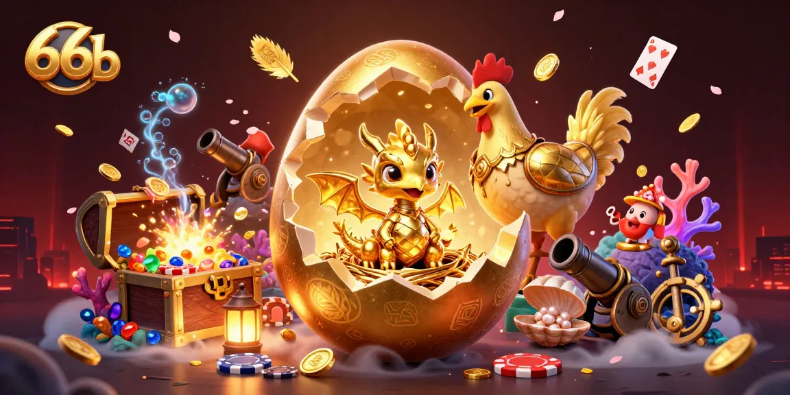 Experience thrill at 66b with vibrant golden dragon and poker chips among casino elements in a dynamic sea.
