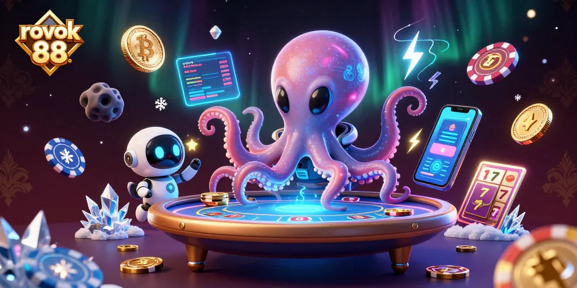 Engage in thrilling gameplay with rokok 88 at a holographic poker table featuring an alien octopus and exciting slot elements.