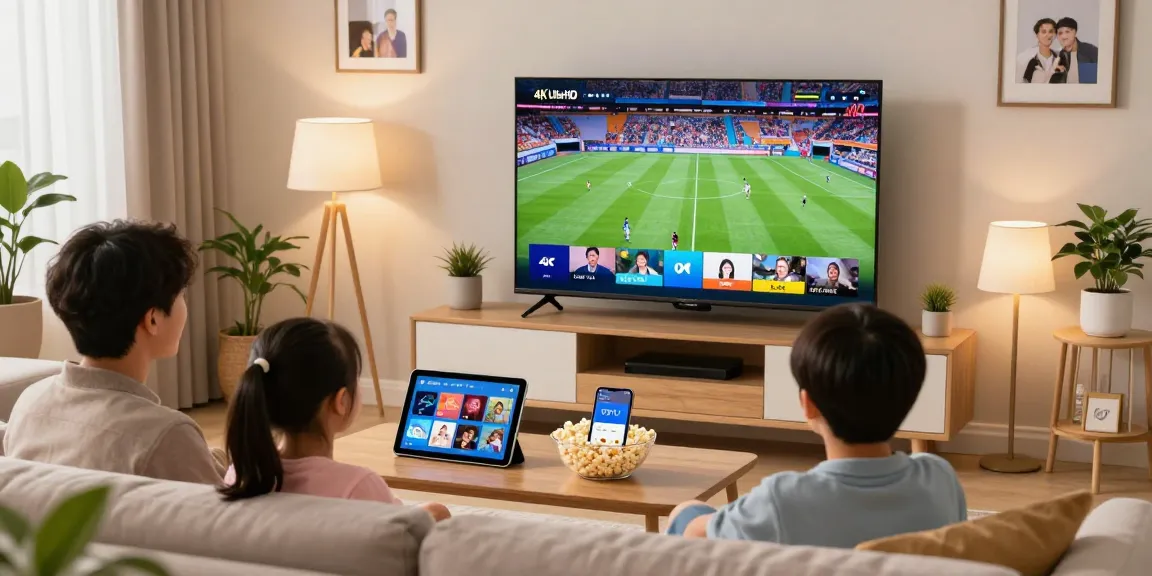Abonnement IPTV : Profitez d'une expérience de visionnage 4K Ultra HD en famille dans un salon moderne.