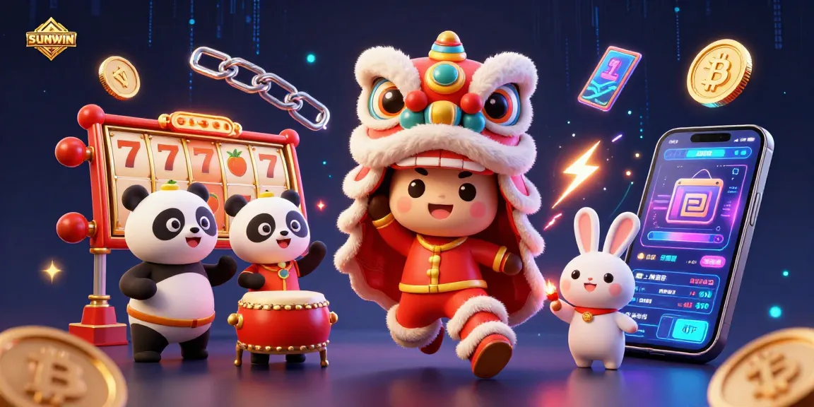 SUNWIN showcases vibrant lion dance characters amidst dynamic slot elements for an engaging gaming experience.