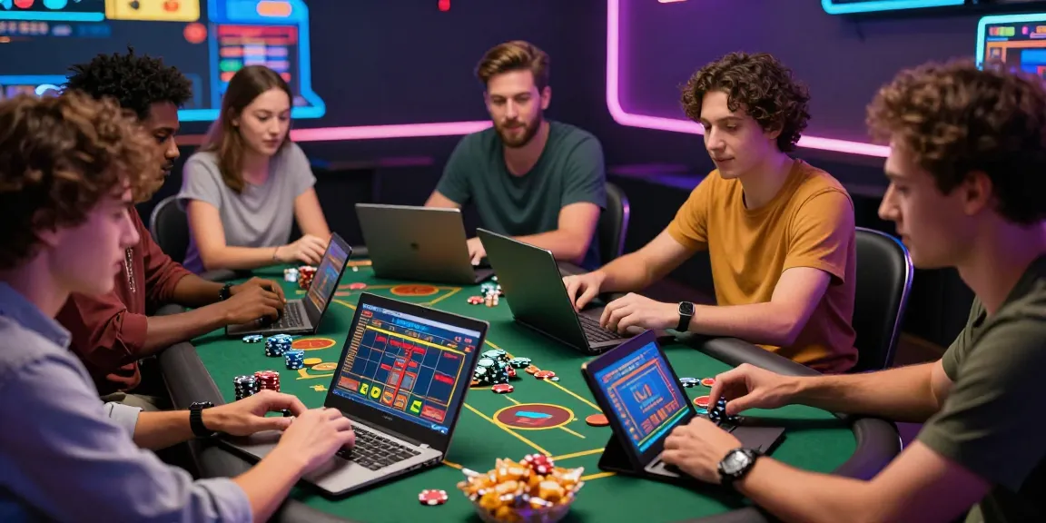 Scène de casino en ligne avec des amis jouant ensemble, mettant en avant l'ambiance dynamique des jeux et de l'excitation.