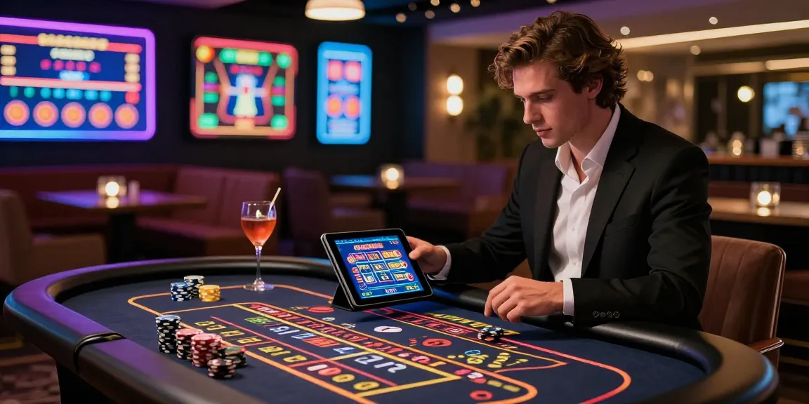 Casino en ligne avec joueur à une table de roulette sur sa tablette, ambiance élégante nocturne.
