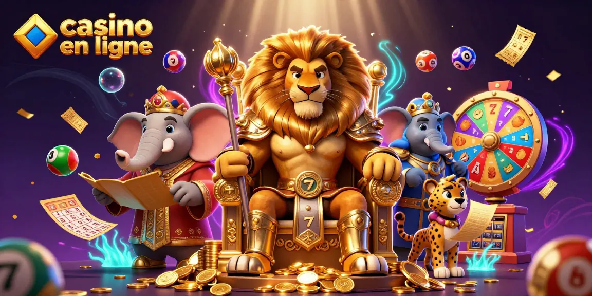 Profitez des jeux de casino en ligne captivants avec un roi lion et son conseiller dans une illustration magique.