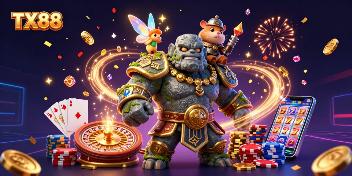 Experience the magic of TX88 with a dynamic illustration of a golem, fairy, and hamster knight celebrating casino wins.