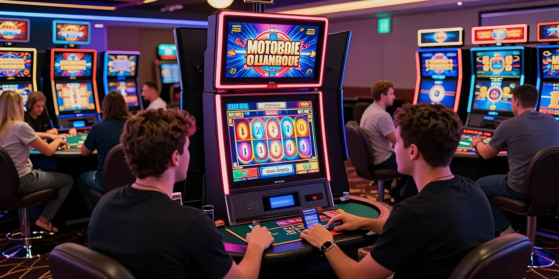Joueurs dans un casino en ligne, jouant à des machines à sous et à des jeux de table, représentant l'expérience du casino en ligne.
