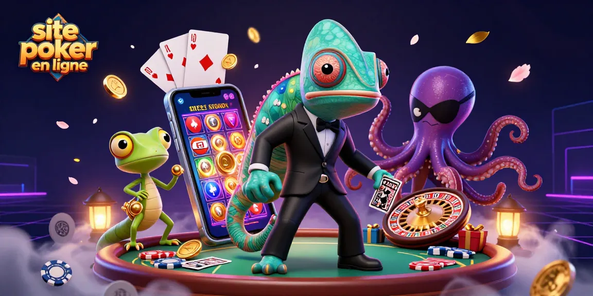 Jouez sur un site poker en ligne tout en profitant d'une ambiance animée avec des personnages colorés et des éléments de casino.