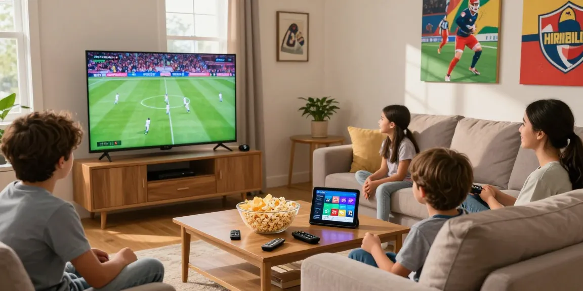 Famille regardant la TV avec l'abonnement IPTV dans un salon convivial.