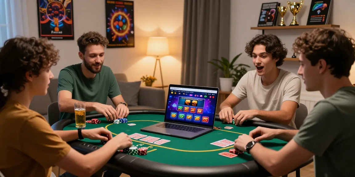 Scène de casino en ligne avec amis jouant ensemble sur un ordinateur, ambiance joyeuse et conviviale.