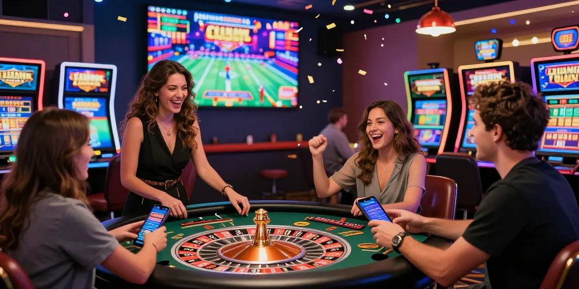 Joueurs passionnés dans un casino en ligne, découvrant les jeux de casino en ligne tout en s'amusant, entourés de lumières vives et d'une ambiance festive.
