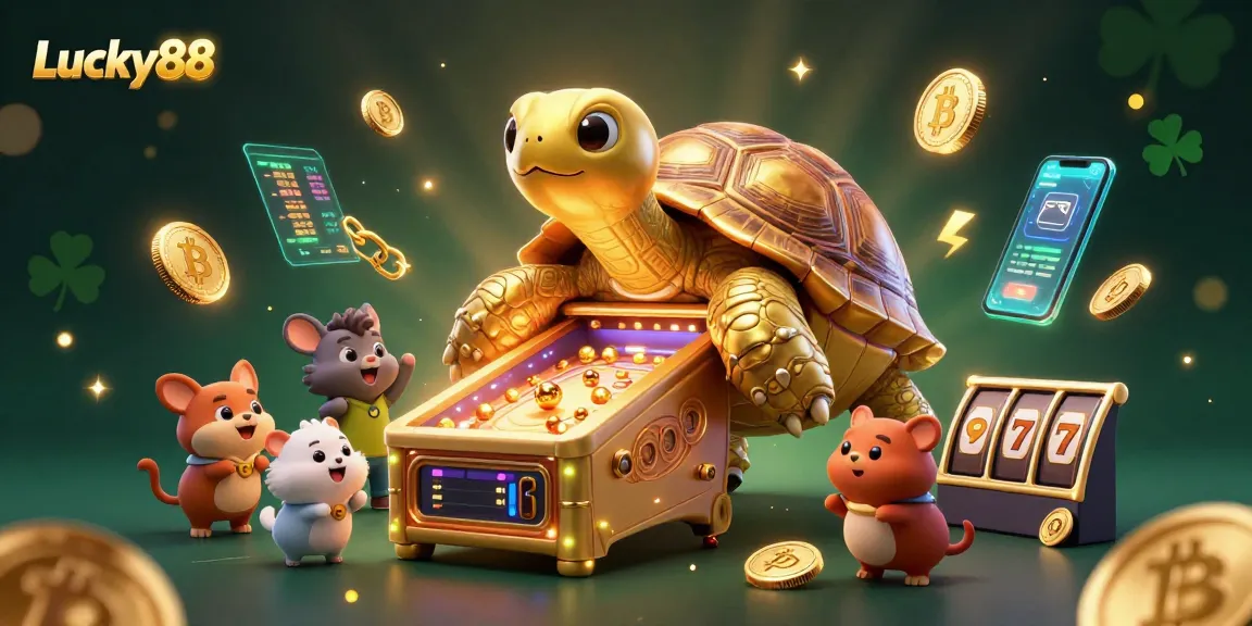 Engage with Lucky88 at this vibrant 3D casino scene featuring a colossal tortoise pinball machine.