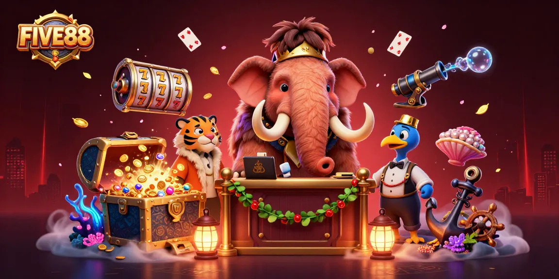 FIVE88 casino scene with a mammoth bouncer, VIP saber-tooth tiger, and dodo doorman