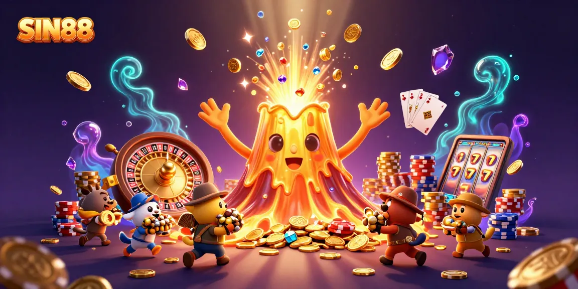 Experience the thrilling excitement of SIN88 with vibrant casino elements and triumphant treasure seekers!