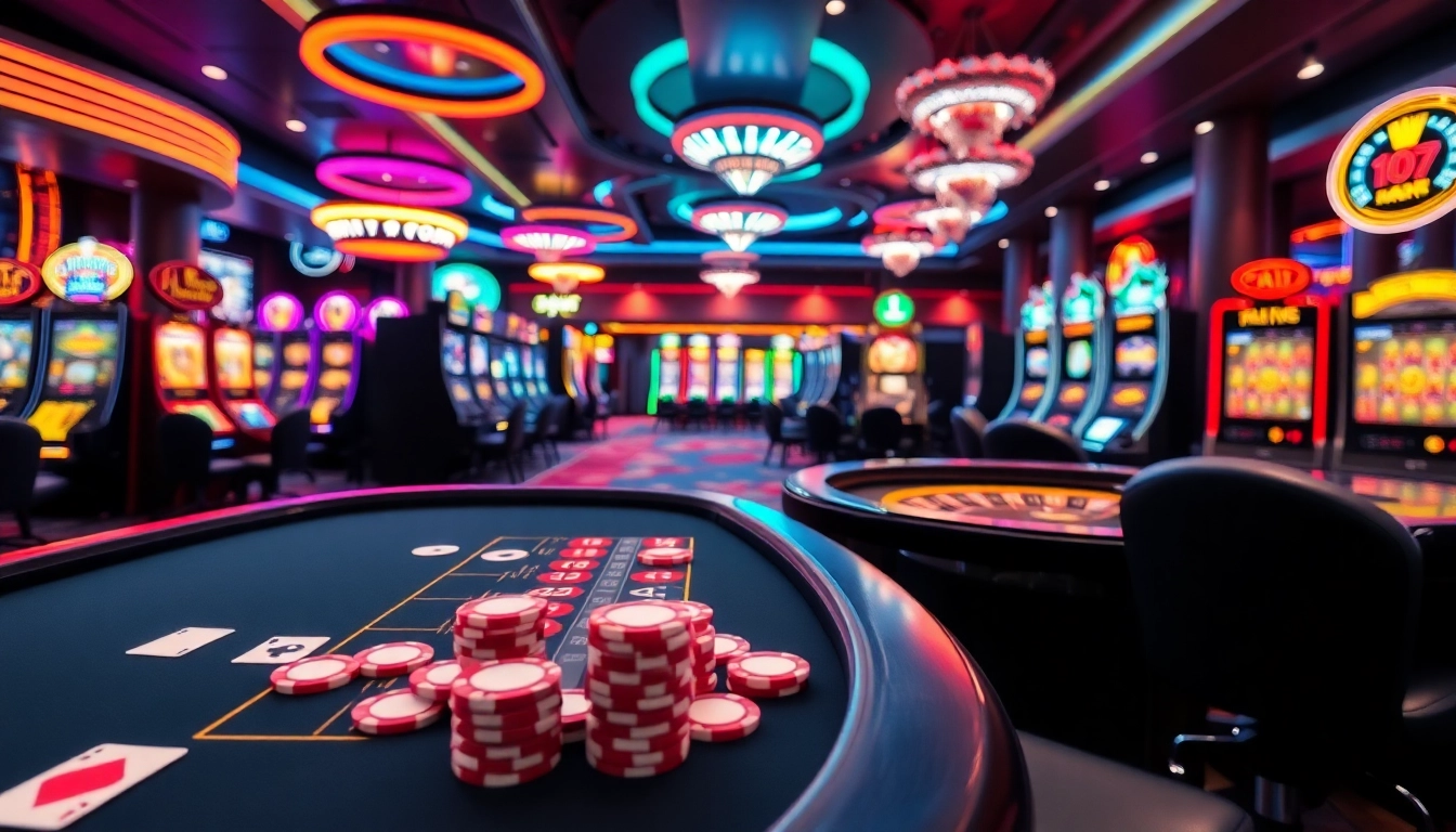 Plongée dans un casino en ligne moderne avec des machines à sous étincelantes et une ambiance dynamique.