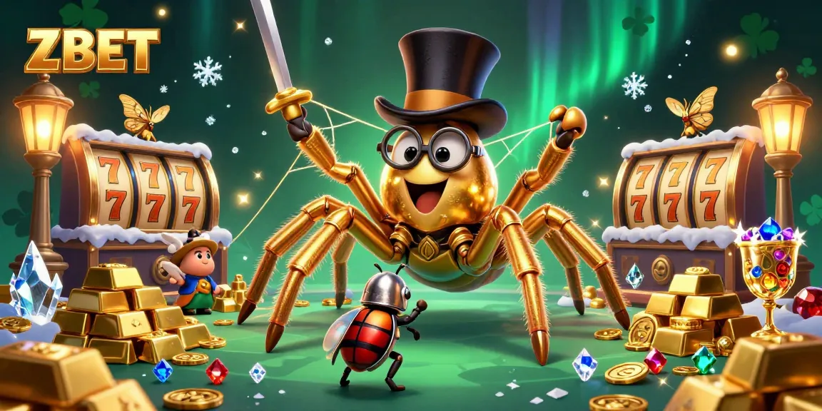 ZBET spins luck with a golden tarantula and brave beetle knight in a vibrant casino scene