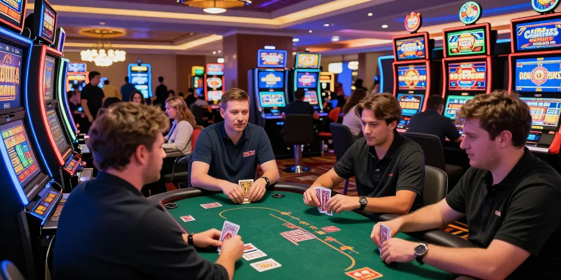 Scène dynamique d'un casino en ligne français avec des joueurs engagés aux machines à sous et tables de poker.