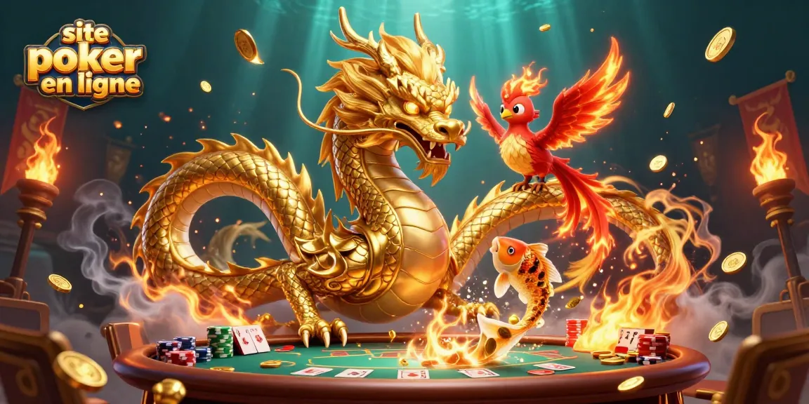 Le site poker en ligne avec un dragon doré, un phoenix et un poisson chanceux, entouré de jetons et de feux.