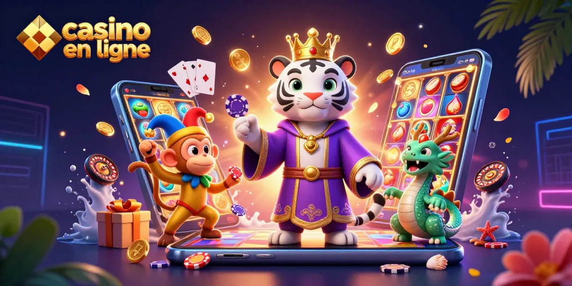 Casino en ligne illustré par un tigre élégant et un dragon, entouré de jeux et d'effets visuels attrayants.