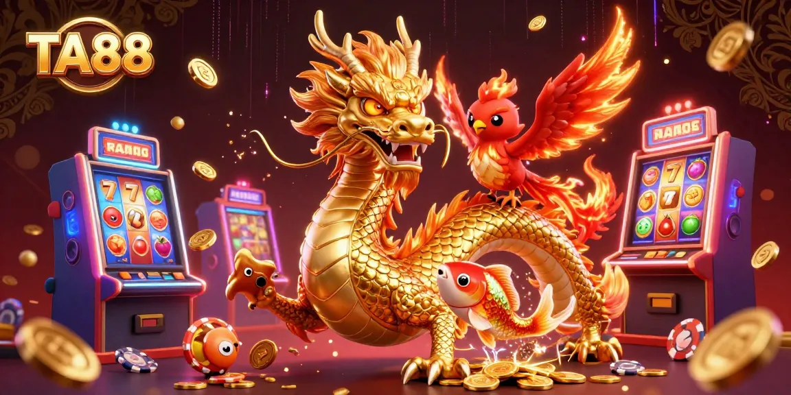 Engage in thrilling slot gaming with TA88 featuring a dragon, phoenix, and koi fish.