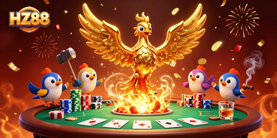 Engage in thrilling gaming with HZ88's epic casino experience featuring a golden phoenix and poker excitement.