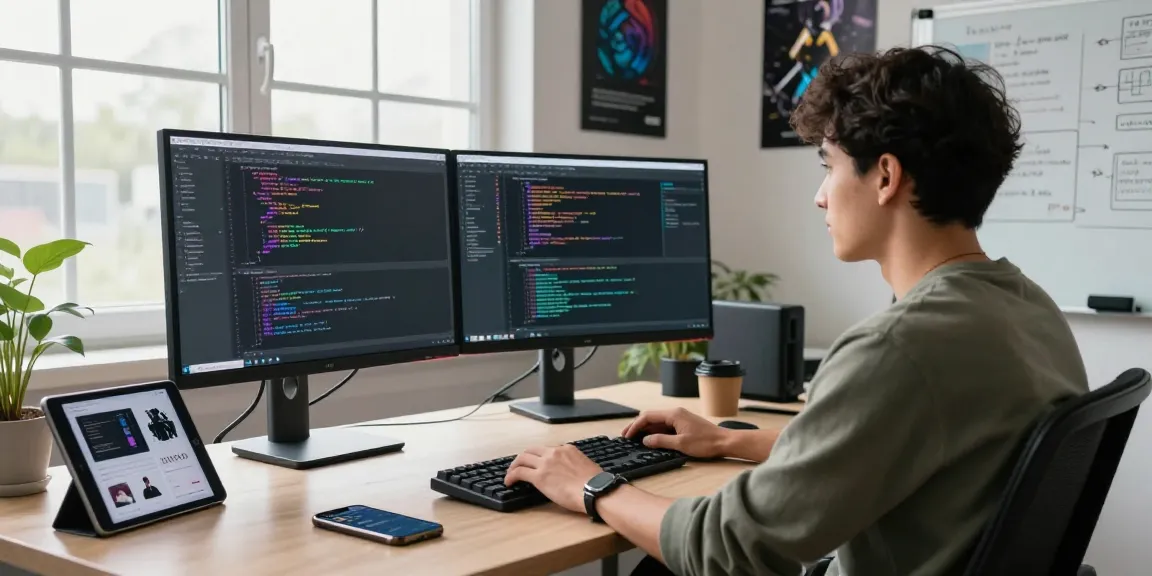 Développeur travaillant sur une application espion dans un bureau moderne avec des écrans de code, ambiance collaborative.