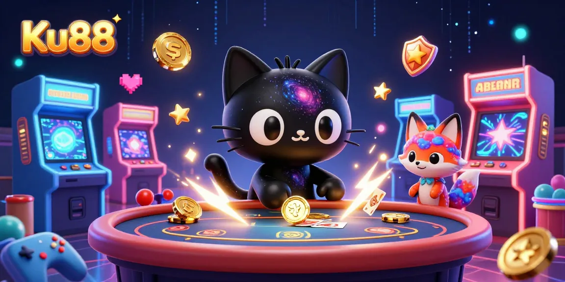 Engage with Ku88's vibrant cosmic casino scene featuring a cartoon black hole cat and colorful game elements.
