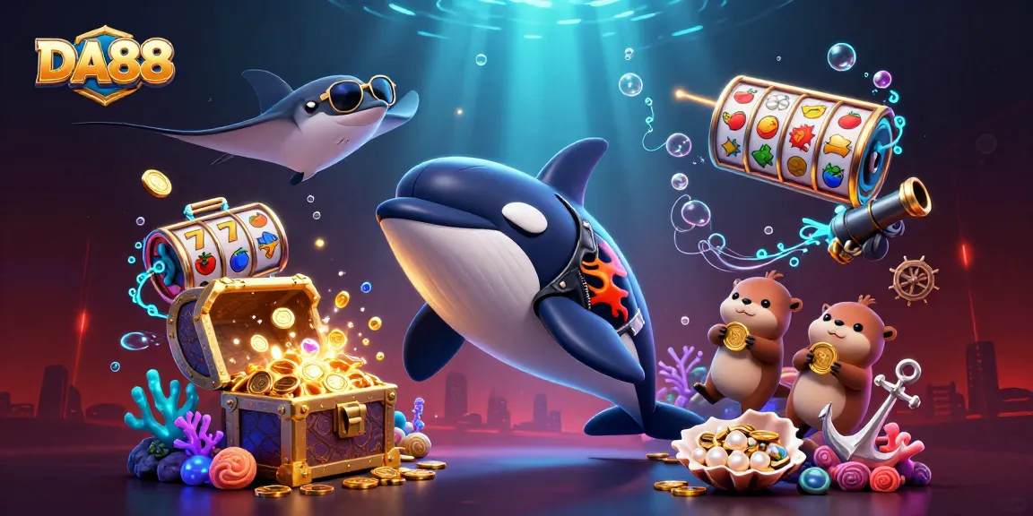 DA88 promotion with an orca, stingray, and otters amid vibrant casino elements