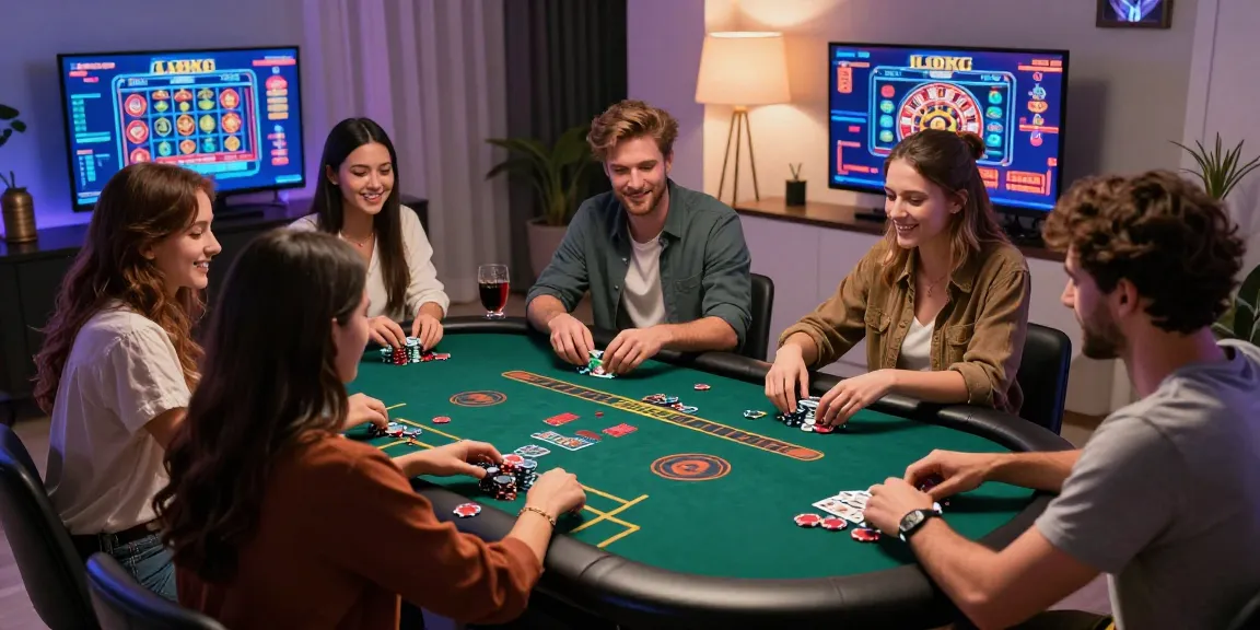 Groupe d'amis jouant ensemble à des jeux de casino en ligne sur une plateforme de jeu virtuelle.
