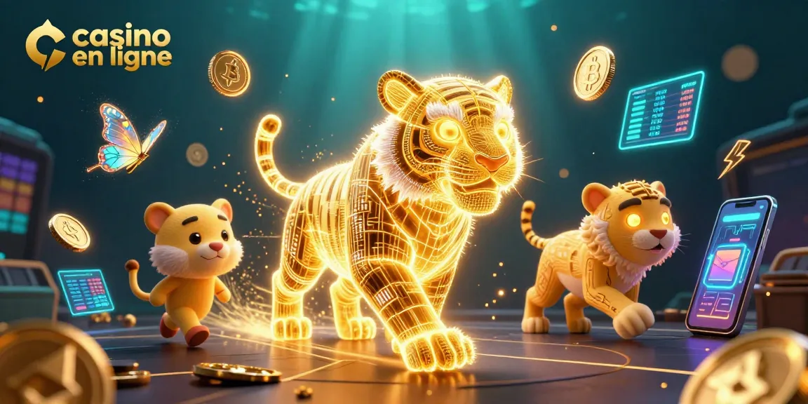 Jouez dans un casino en ligne immersif avec un tigre lumineux et des éléments de crypto-monnaie.