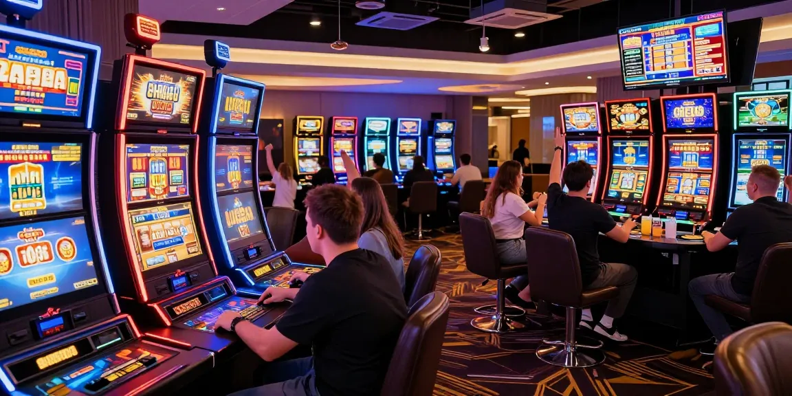 Casino en ligne animé avec joueurs profitant d'expériences de jeu immersives et de stations de jeux modernes.