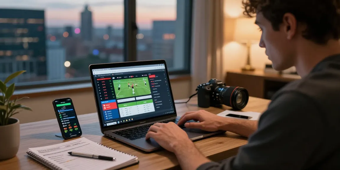 Scène de paris sportifs en ligne avec un bookmaker sans limite de mise, parieur analysant les cotes sur un ordinateur portable dans un bureau chaleureux.