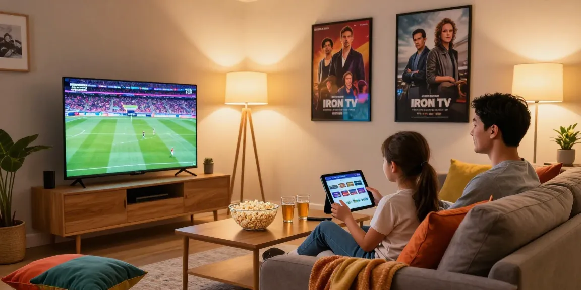 Family enjoying Iron TV streaming live sports in a cozy living room