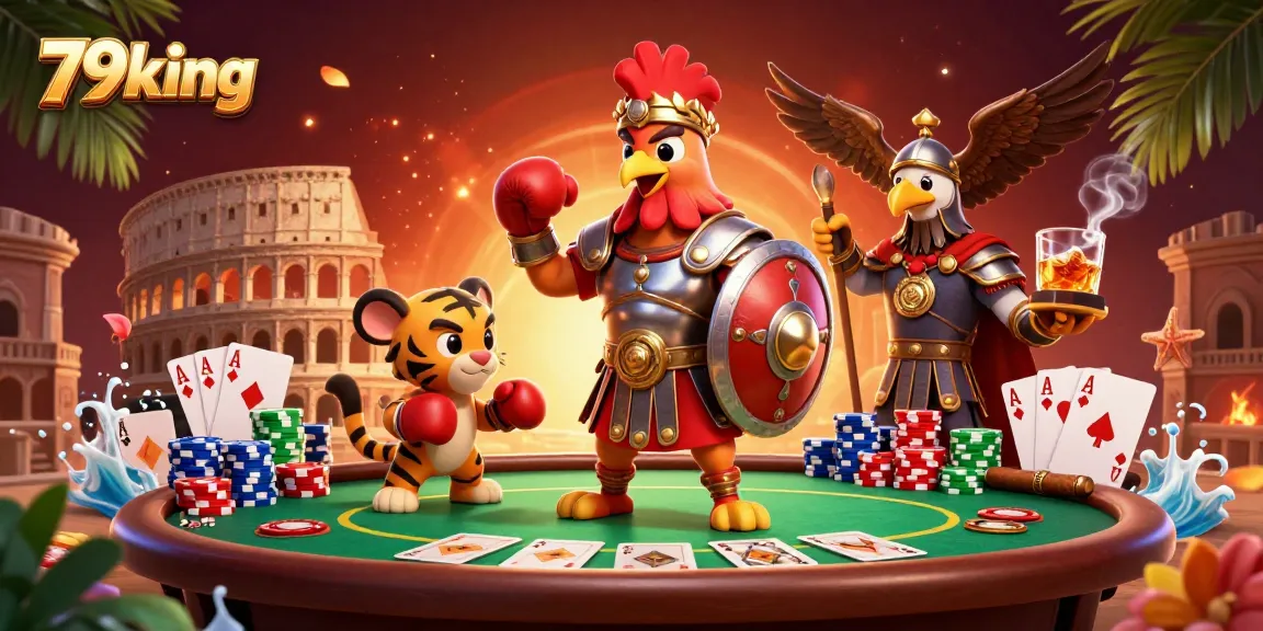 Capture winning moments with 79king at a dynamic poker arena featuring a fearless rooster gladiator.