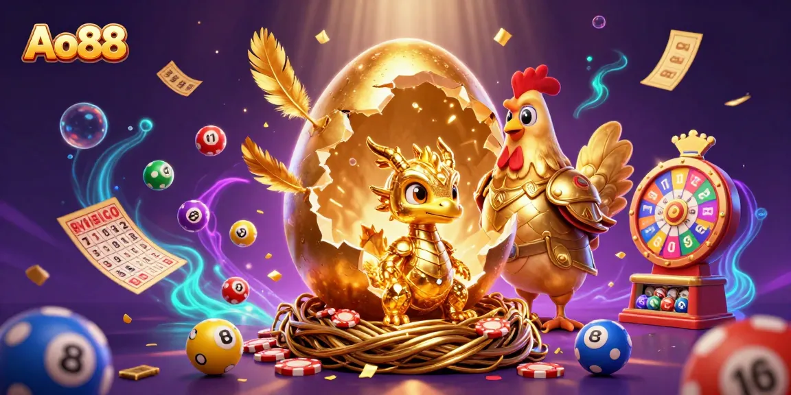 Ao88 showcases a magical scene with a golden dragon amidst vibrant gambling elements, highlighting exciting casino activities.