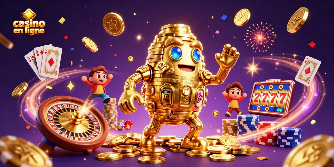 Profitez d'une illustration captivante d'un casino en ligne avec un golem d'or, des jeux et gains explosifs.