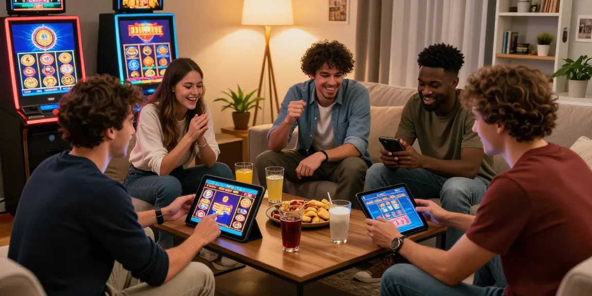 Scène de casino en ligne avec un groupe d'amis jouant ensemble tout en profitant de l'atmosphère chaleureuse.