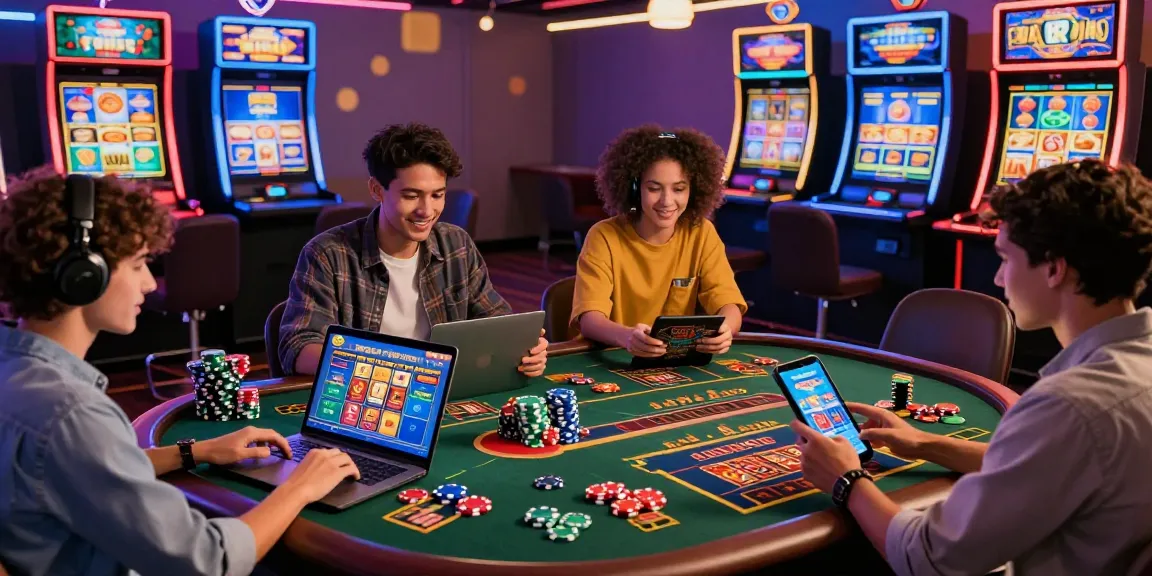 Scène de casino en ligne dynamique avec des joueurs engagés sur des machines à sous virtuelles et des jeux de table.