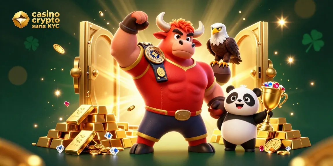 Action sur un casino crypto sans KYC mettant en avant une mascotte taureau et un panda remportant des prix.