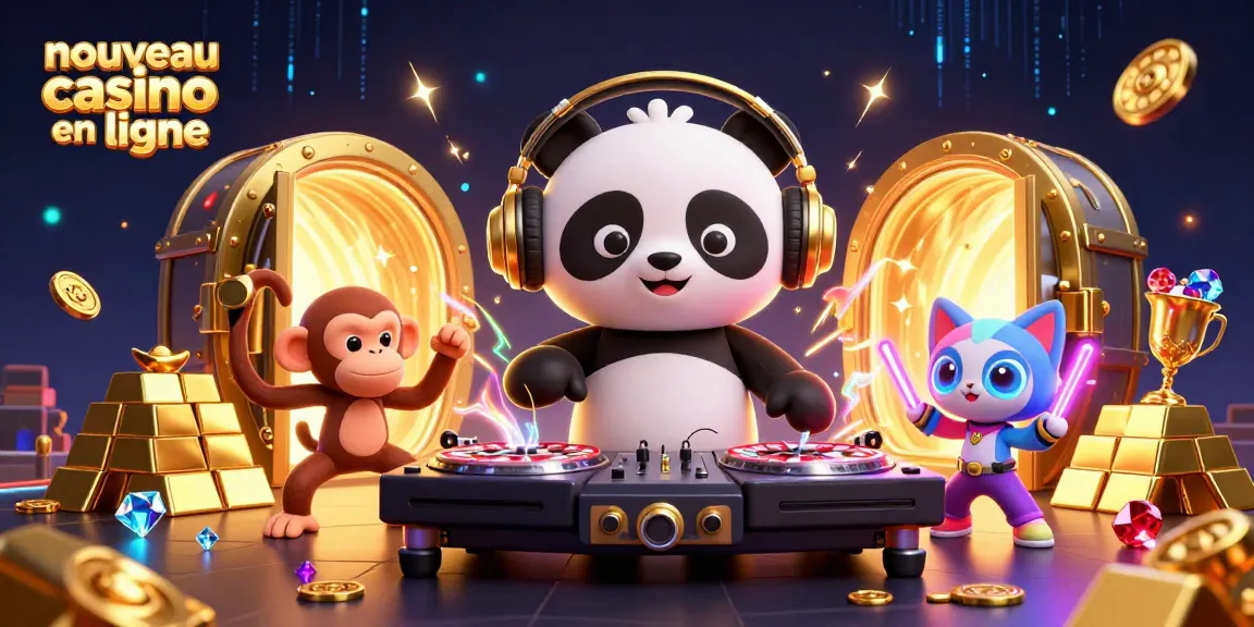 Illustration d'un DJ panda et d'un singe dansant au nouveau casino en ligne, avec des trésors de jeux.