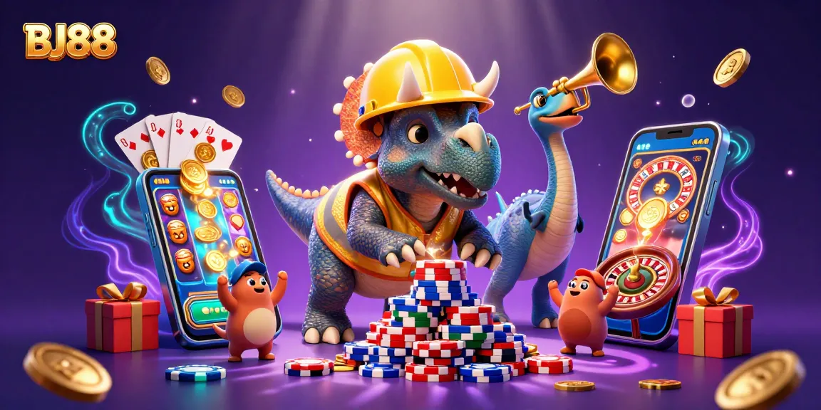 Experience the excitement of BJ88 with a lively illustration showcasing a triceratops and gaming elements.
