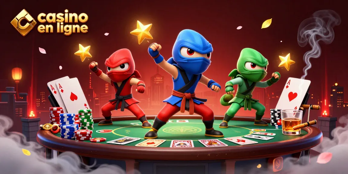 Jouer au casino en ligne avec notre équipe de caméléons ninja, entourée de jetons et de cartes.
