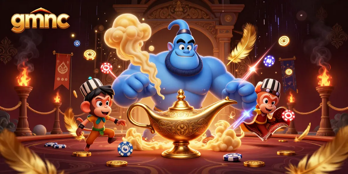 Experience the thrill of gmnc's vibrant casino world with a magical genie, poker chips, and stunning visuals.