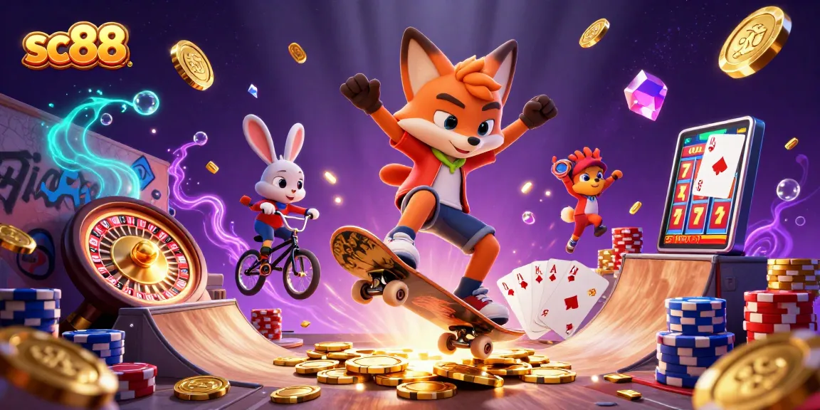 sc88 showcases energetic characters in a vibrant casino scene with gambling elements.
