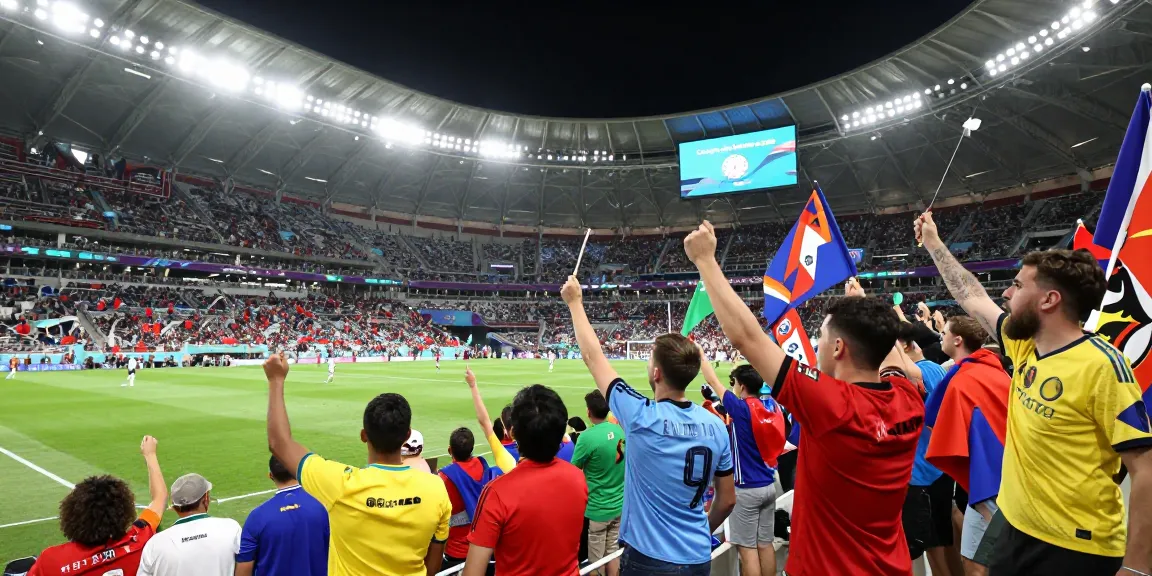 Fans enjoués célébrant la Coupe du monde de football 2026 dans un stade, portant des maillots et brandissant des drapeaux.